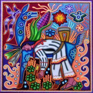 Pintura de Estambre "Marakame y el Venado" de Kukame Olegario Orgullo de México