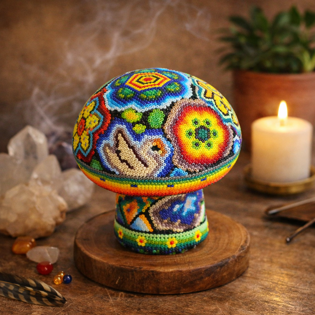 Découvrez le champignon perlé Huichol, une pièce artisanale qui allie l'art indigène à l'élégance moderne dans des tons naturels et des motifs complexes.